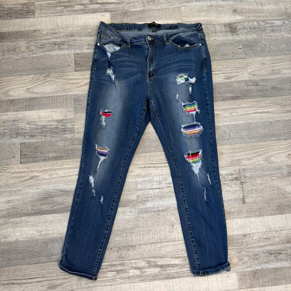 Judy Blue skinny fit distressed rainbow patch jeans size 2XL L34 - Picture 1 of 9